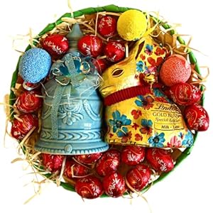 Lindt Lindor Paasmand – Lindt Gold Bunny Latte 100 g + babyschaal Lindor melk 180 g + porseleinen krukje + paaseieren kleurrijk – paasmand 2022