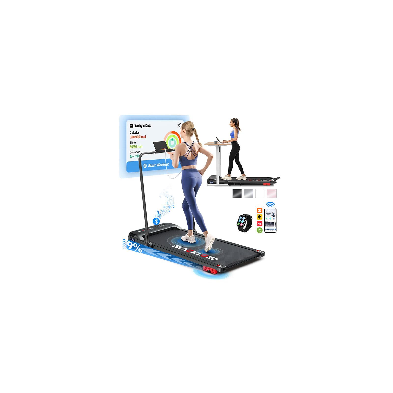 BLACK LORD 3.2HP Walking Pad with Handle, 9% Incline Foldable Under Desk Treadmills for Home, LED Display, 12 Programs, App/Wristband Control, Electric Running Machine for Walking/Jogging, Black