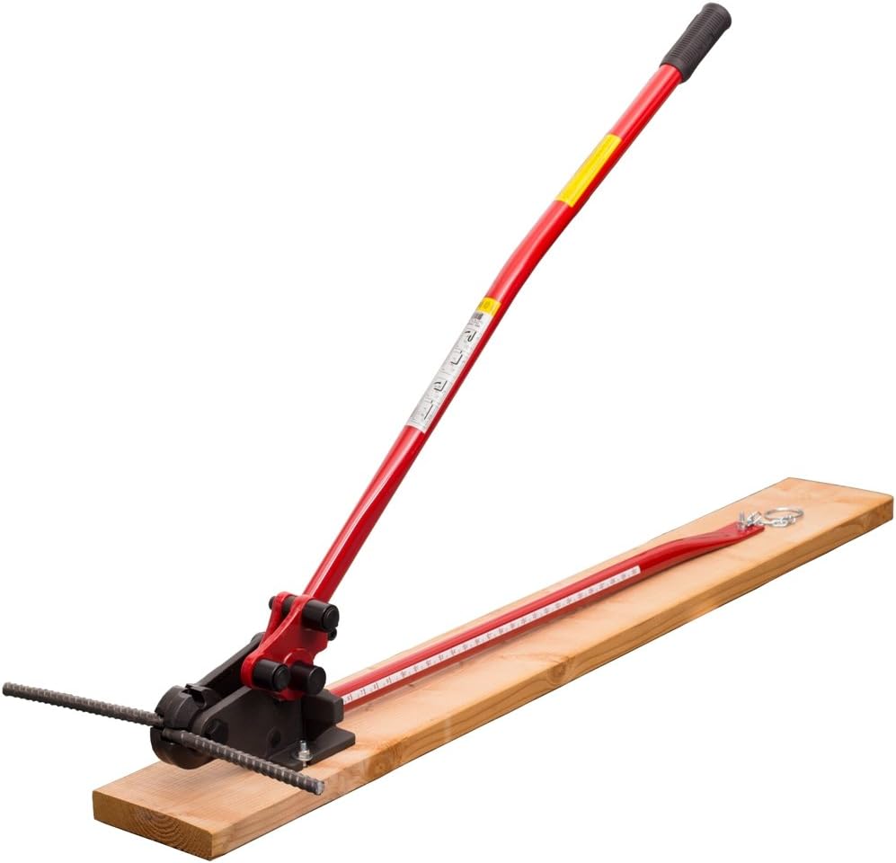 22-RC16W-3 Rebar Cutter and Bender on Wooden Board, 5/8", Red/Black