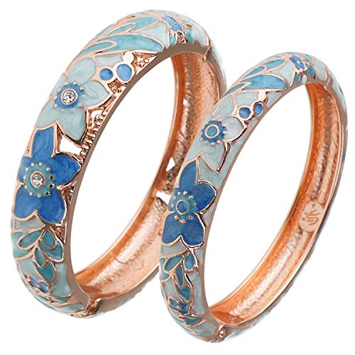 UJOY Vintage Jewelry Cloisonne Handcrafted Enameled Flower Gorgeous Rhinestone Gold Hinged Cuff Bracelet Bangles Gifts 88A11 Light Blue