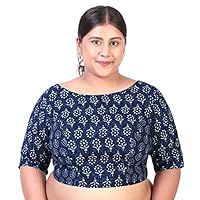 Studio Shringaar Women's Plus Size Cotton Block Print Elbow Length Sleeves Saree Blouse (48)