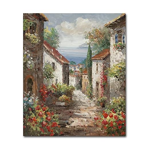 Italy Town Painting Tuscany Wall Art Streets of Mediterranean Towns Canvas Prints Landscape Picture Framed Ready to Hang Farmhouse Decor 20 x 24 Inch