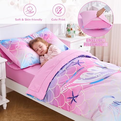 Image of VIVILINEN Mermaid Tail Toddler Bedding Set for Girls, 4 Piece Glitter Toddler Bed Sheets with Boho Toddler Comforter, Fitted Sheet, Flat Sheet and Pillowcase, Pink Blue
