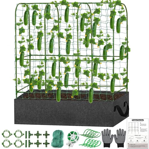 U-Shape Cucumber Trellis with Fabric Raised Garden Bed 65x50 Inch Metal Garden Arch Trellis with Net, Climbing Plants Vegetables Heavy-Duty Outdoor Plant Support for Pea, Grape, Squash, Tomatoes