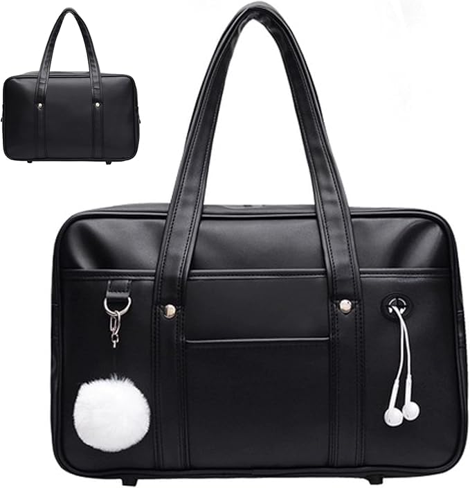 Japanese School Bag PU Leather Zipper Office Crossbody School Handbag Shoulder Bags (black)