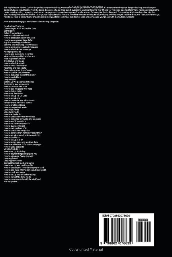 Back cover of the iPhone 15 User Manual book