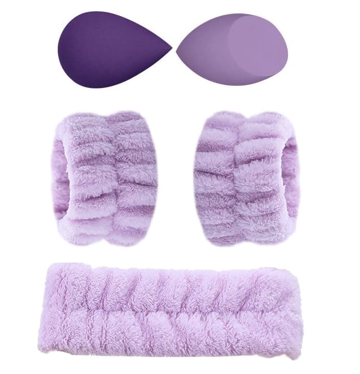 Headband Wristband Blender Sponge Set for Skincare, Beauty care, Puff, Facial, Spa, Face Wash, Soft Egg 5 Pics Combo Pack (Purple, Normal)