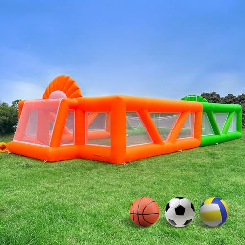 OZIS 40Ft Inflatable Sports Court with 680W Blower 3-in-1 Inflatable Soccer Field & Volleyball Field & Basketball Hoop Inflatable for Backyard, School Events, Team Training Multi-Game Arena