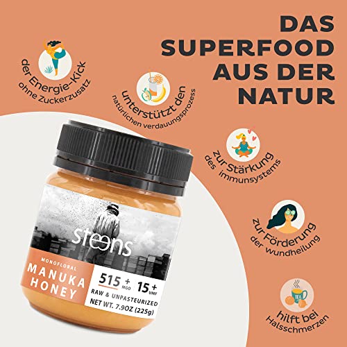 Steens Manuka Honey MGO 515+ - rein roher 100% zertifizierter UMF 15+ Manuka Honig - abgefüllt und versiegelt in Neuseeland - höchste Qualitätsstufe - 225 g