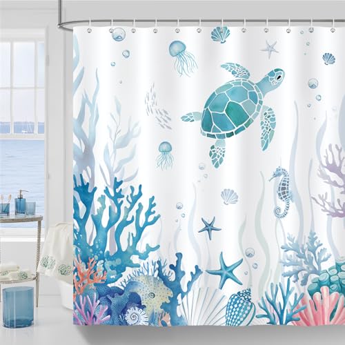 COZZSNUGE Rideau de Douche Tortue Marine, Rideau de Baignoire Côtier Poisson Corail Océan Bleu 183 x 183 cm Polyester Imperméable Résistant à la...