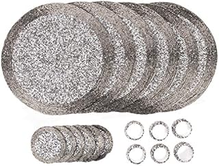 Penguin Home® Glass beaded Set of 18 pieces | 6 Placemats (32cm), 6 Coasters (10cm) & 6 Napkin Rings (5cm) | Antique Silver Colour & Round | Handcrafted by Skilled Indian Artisans | Hand Made Gift