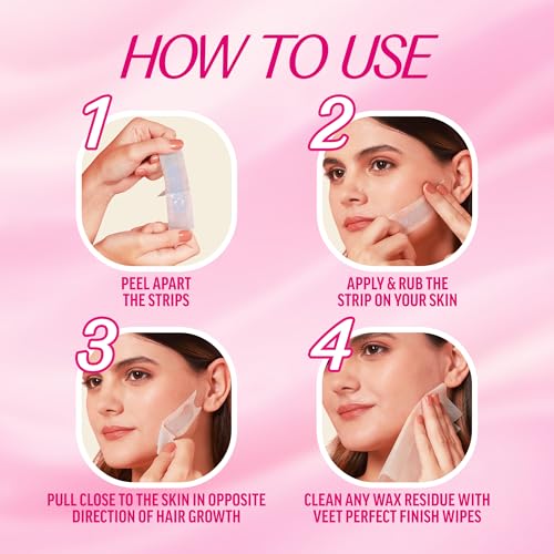 Image of Veet Face Wax Strips for Sensitive Skin (4 strips + 1 post finish wipe) (Pack of 5) | Painless, Quick & Gentle Facial Hair Removal | Ready to Use for Upper Lip, Eyebrows, Chin, Sidelocks