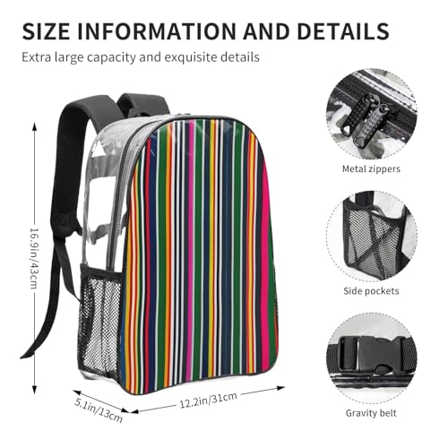 Colorful stripes Print Work Travel Stadium Events Transparent Backpack PVC Clear Bag Large Side Pockets4