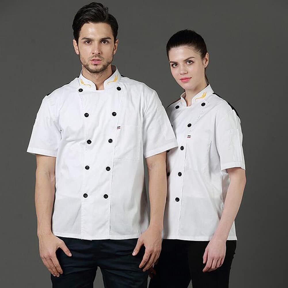 Chef Coat, Short Sleeve Chef Coat Uniform Unisex Double Breasted Stand Collar Professional Chef Jacket For Cooks Restaurant Staff Waiters(White_C(XL))