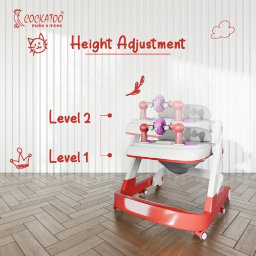 Image of Cockatoo First Move 3-in-1 Baby Walker - Adjustable Height (3 Levels), Rocker, Push & Activity Walker with Musical Toy Tray & Light, 6 Lockable Wheels, Foldable, Safe for 6-18 Months, up to 15kg Red