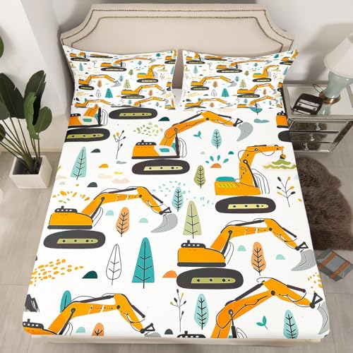 Cartoon Excavator Fitted Sheet Twin Size Construction Vehicle Truck Bedding Set for Kids Boys Teens Hand Drawn Trees Bed Sheet Set Engineering Car Bed Cover Room Decor,No Top Sheet