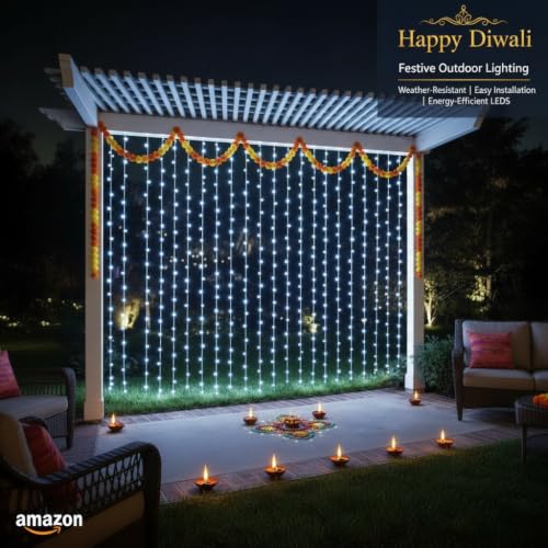 Image of MIRADH 180 LED 9.8 Feet Window Curtain String Light Wedding Party Home Garden Bedroom Outdoor Indoor Wall Decorations, Diwali Lights for Decoration (White Led Curtain 3M x 3M)