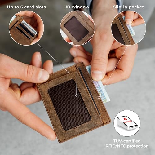 Berliner Bags Vintage Genuine Leather Slim Wallet for Men Karl, RFID Blocking Card Holder with ID window, Front Pocket Wallets, Card Case for Men and Women - Brown4