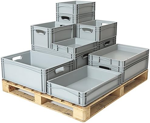Pack of 4 Grey Basicline 64.5 Litre Strong Plastic Euro Stacking Containers (60 x 40 x 32cm) Stackable Boxes with Hand Holes and Solid Sides and Bases