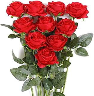 JUSTOYOU Rose Artificial Silk White Rose Flowers Single Long Stem Fake Rose Bouquet Home Office Wedding Arrangements (10 PCS)