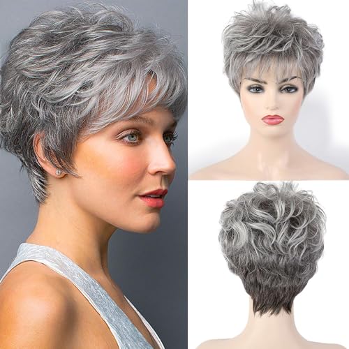 HAIRCUBE Short Curly Gray Wigs for Women Pixie Cut Wig