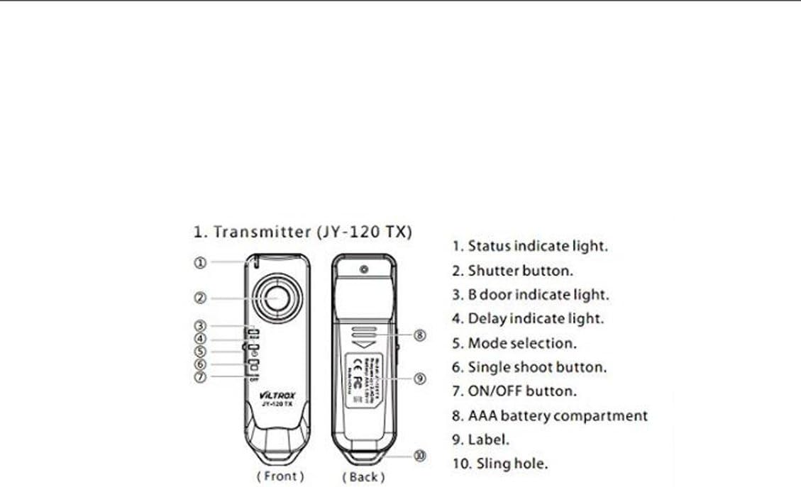 Diagram of VILTROX JY-120 TX Transmitter with numbered parts.