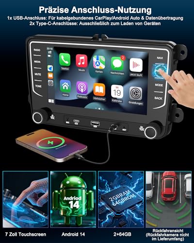 Autoradio mit Bildschirm Bluetooth 2+64GB für VW Golf 5 6 T5 Polo 6R Passat Caddy Seat Skoda, 2DIN 7 Zoll Auto Radio mit Navi DAB WLAN FM/AM, Apple Carplay, Android Auto, Lenkradsteuerung, Android 14