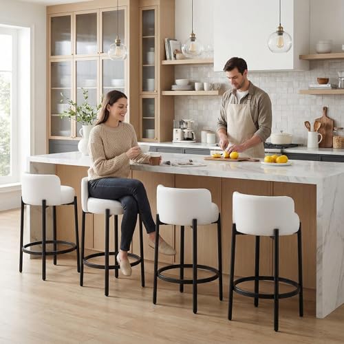 Image of LukeAlon Modern PU Leather Counter Stools Set of 4, Upholstered 26 inch Seat Height Barstools with Black Metal Legs Round Low Back Kitchen Stools with Footrest for Dining Room Small Places, Cream White