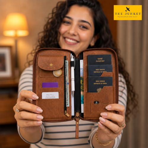 Image of The Junket Personalised Zipper Family Travel Passport Holder Organizer | Holds Up to 3 Passports | Water-Resistant Faux Leather Document Organizer Wallet (Dark Brown)