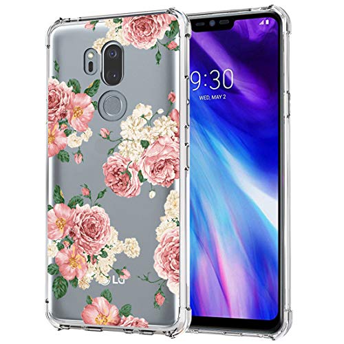 Ueokeird Case for LG G7 ThinQ, Slim Shockproof Clear Floral Pattern Soft Flexible TPU Back Phone Protective Cover for LG G7 ThinQ Pink Flower