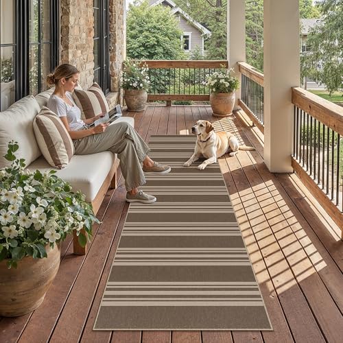 Striped Easy Jute 2x8 Kitchen Runner Rug Brown Washable Outdoor Carpet for Hallway Non Slip Farmhouse Neutral Indoor Outdoor 2'6"x8 Long Rug Bathroom