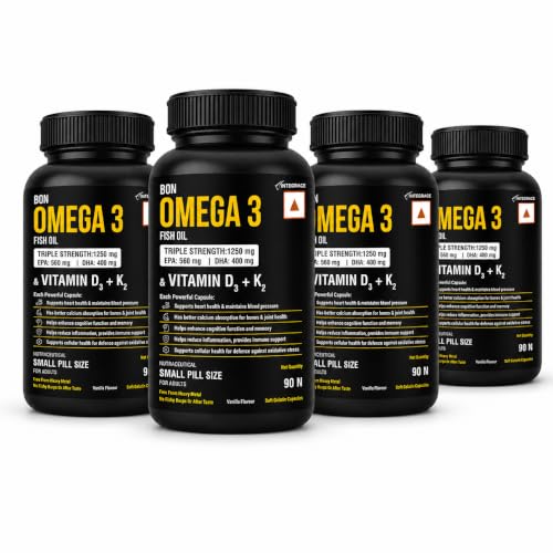 Image of Fish Oil 1250mg with Vitamin D3 & K2, 90 Softgels (Pack of 4) | 3X Triple Strength 560mg EPA & 400mg DHA | Supports Heart, Bone Health, Brain & Immunity | Easy to Swallow Small Pills | Non-GMO, Burpless Anti-Reflux, No Heavy Metals