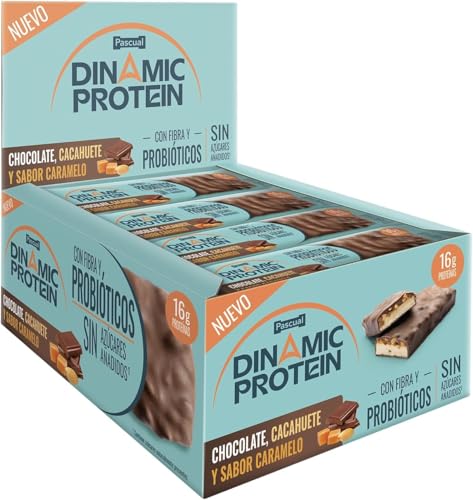 Dinamic Protein- Barritas de Proteína- Chocolate con Leche, Cacahuete y Caramelo- 16g de Proteína- Con Probióticos y Fibra- Caja de 12 Unidades - Sin Gluten