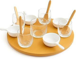 Generisch Bambus Drehbare Servierplatte Ø27 cm – 360° Servierset mit 4 Glasverrinen + 1 zentraler Verrine, 4 Porzellanschalen & 4 Holzlöffeln – Für Tapas, Käse, Wein, Snacks, Party & Geschenk (Weiß)