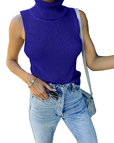 Image of Womens Sleeveless Sweater Vest Turtleneck Ribbed Knit Tank Tops Basic Slim Fit Top