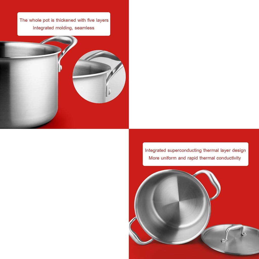 Pentola in Acciaio Inox con Coperchio e Manico, Rinforzata per Una Maggiore Durata, Ideale per la Cottura a Gas e a induzione, Perfetta per preparare pasti per 1-10 Persone.