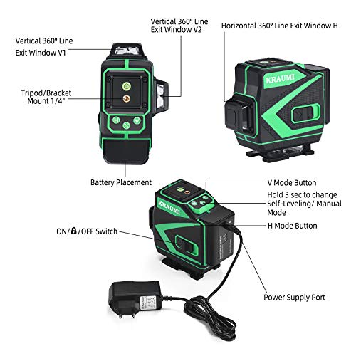 Kreuzlinienlaser 360, Kraumi 3 x 360 Grad Laser Grün Laserpegel Selbstausgleichende, 3D 12 Linien rotationslaser selbstnivellierend 25m mit Halterung und Fernbedienung, Inklusive 2pcs Batterie - Image 7