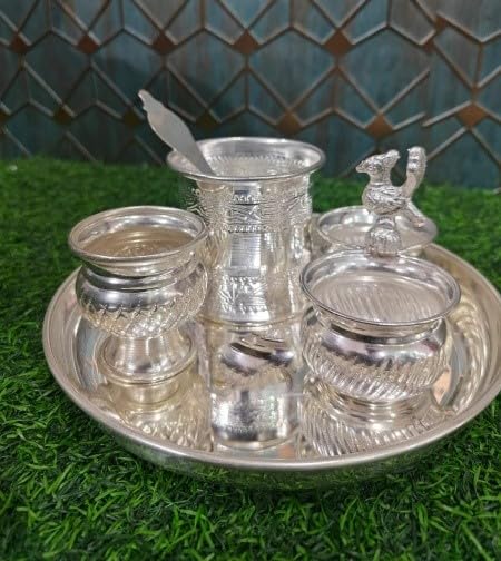 indiancraftbykanika German Silver Small Pooja thali Set of 5 Pieces for Housewarming/Diwali Pooja/Gift Item