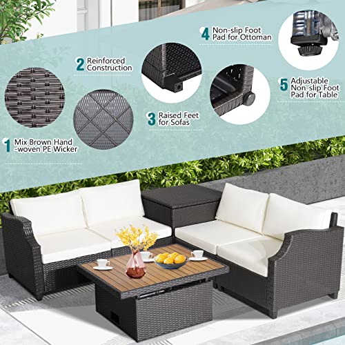 Tangkula 7 Pieces Outdoor Hand-Woven Pe Wicker Furniture Set, Patio Sectional Sofa Set With Cushions, Storage Box, Ottoman And Solid Acacia Wood Coffee Table, Outdoor Conversation Set (Off White) #TOP7