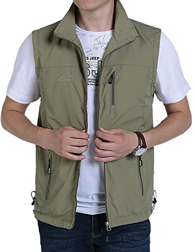 Jenkoon Men's Casual Lightweight Outdoor Travel Fishing Hunting Vest Jacket with Pockets(Khaki, Large)