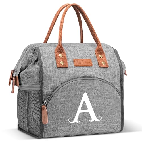 Personalized Insulated Lunch Bag for Women, Reusable Leak-Proof Initial Lunch Box, Wide-Open Gray Large Monogrammed Lunch Tote Bag for Work School Travel Picnic, Ideal Gift for Mom, Wife, Girls - A