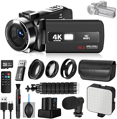 4K 60FPS Camcorder with Flip Screen, Camcorder Video Camera with WiFi & IR Control, 18x Zoom Recorder,IR Digital Vlogging Camera Kit for YouTube. Mini DV Camcorder with 32GB TF Card, External Mic