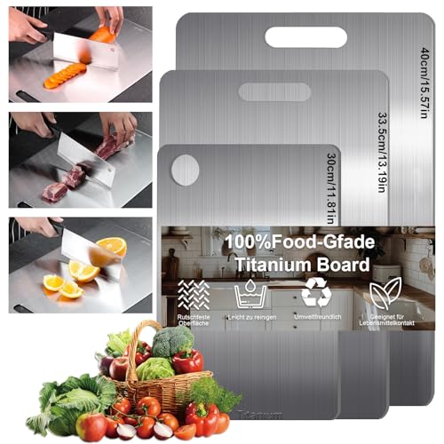 Lot de 3 planches à découper en titane - Double face, sans danger pour les aliments, non poreuses pour la viande, les fruits et les légumes-sans microplastique, résistant aux odeurs, coffres-forts