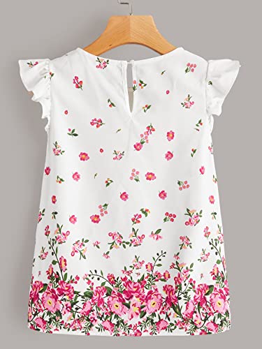 Image of Floerns Girls Floral Print Ruffle Trim Cap Sleeve Round Neck Boho Blouse Top