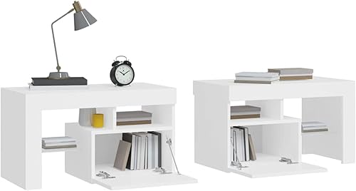 Tidyard 2 Piece Bedside Cabinets with Storage Space and LED Lights Engineered Wood End Side Table Nightstand White for Living Room Bedroom Home