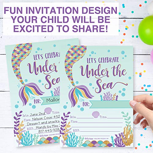 Image of Hadley Designs Kids Birthday Invitations Girl Mermaid Theme - 25 Mermaid Birthday Party Invitations For Girls, Under the Sea Invites For Girls, Cute Party Supplies, Made in USA