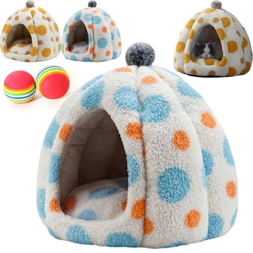 猫ハウス 冬 ドーム型 ペットベッド 保温防寒 キャットハウス ペット用寝袋 室内用 暖かい ふわふわ 冬寒さ対策 ぐっすり眠れる 滑り止め 洗える クッション付 小型犬 キャット 寝床 ペットハウス ボール2個付き (M,ブルー)