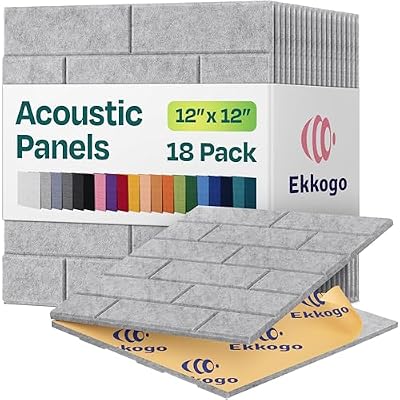 Ekkogo Acoustic Wall Panels 18-Pack, 12"x12"x0.4" Decorative Self-Adhesive Sound Proofing | High Density 3D Brick Soundproof Absorbing Tiles for Walls, Home, Office & Studio - Light Gray