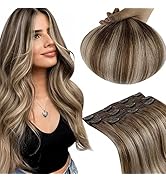 RUNATURE Human Hair Extensions Clip in Ombre Walnut Brown to Ash Brown and Bleach Blonde Clip in ...