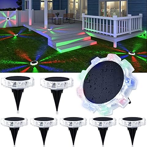 ROSHWEY Solar Wall Lights Outdoor - 4 Lighting Modes Solar Garden Lights Colored Waterproof with 9 LED Christmas Decorations Light for Ground Fence Pathway, Driveway, Yard, Landscape, Garage(RGB 8pcs) Cover